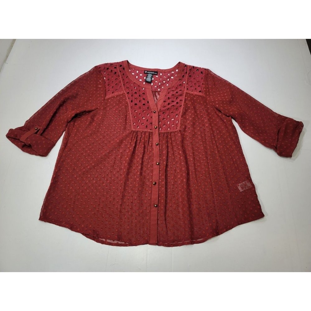 Signature Studio Rust Red Eyelet Button-Front Blouse
